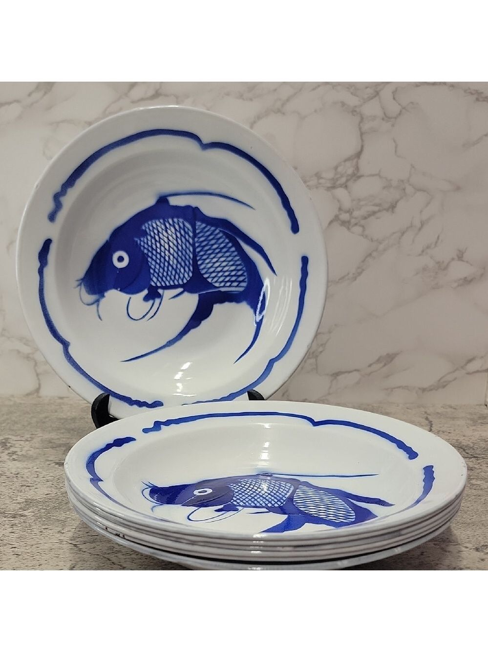 Vintage Goldfish Brand Enameled Metal Koi Fish Plates set of 7 Seven plates